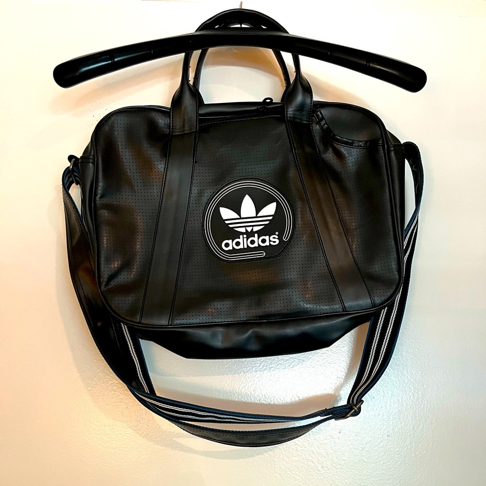 Unisex Adidas black leather laptop shoulder bag